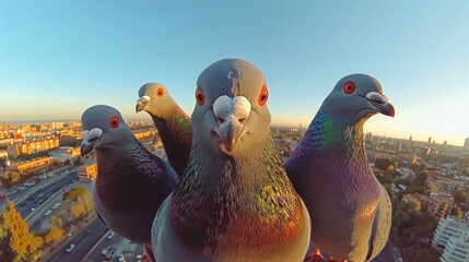 Four pigeons looking at the camera.