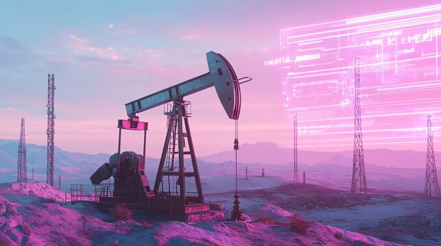 Contemporary oil pump jack in a futuristic landscape, holographic interface elements, blend of sci-fi and industrial