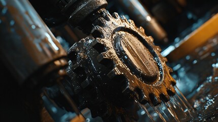 Detailed gears and mechanisms of an oil pump in motion, heavy industrial feel, close-up with high contrast