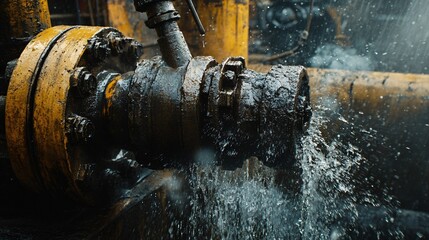 Detailed look at oil pumping machinery in action, industrial warehouse background, gritty textures