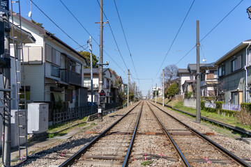 Residential neighborhood railway tracks in Japan