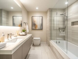 Modern Light-Colored Bathroom with Sleek Fixtures and Soft Natural Lighting