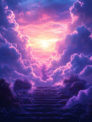 Stairway to Heaven at Sunset Surrounded by Majestic Purple Clouds, a Dreamlike and Ethereal Pathway Leading Through Vibrant Clouds into a Heavenly Horizon