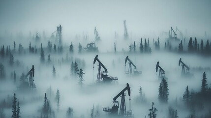Oil field with numerous pump jacks, misty morning, soft lighting highlighting the machinery, vast openness