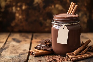 Homemade chocolate spread in jar with cinnamon sticks.