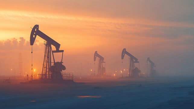 Oil field with numerous pump jacks, misty morning, soft lighting highlighting the machinery, vast openness