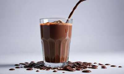 A glass of chocolate milk sits on a white surface, surrounded by chocolate spills