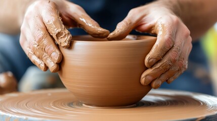 Close-up of a potter&rsquo;s hands shaping a clay bowl on a spinning pottery wheel, demonstrating traditional craftsmanship.