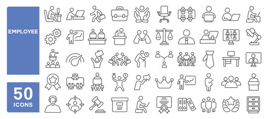 Set of 50 line icons related to employee, work, business, employment, organization, teamwork, office, employer, worker, Editable stroke. Vector illustration