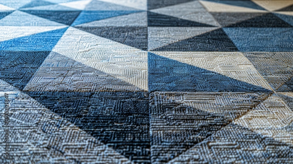 Poster mesmerizing blue and white carpet with a geometric triangle pattern, creating a captivating perspect