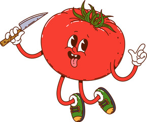 Groovy tomato vegetable funny character with knife. Farming market healthy tomato vegetable comical cartoon vector character, vegetarian food product or ripe veggie isolated foolish groovy personage