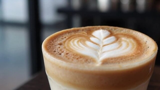 A close-up of a flat white, with a perfect heart-shaped latte art design formed in the creamy microfoam, set against the soft-focus backdrop of a modern, minimalist coffee shop.