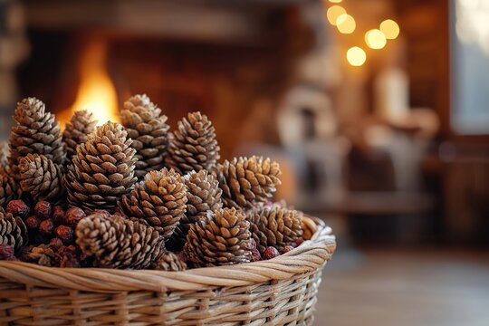 Pine cones in wicker basket, cozy room backdrop
