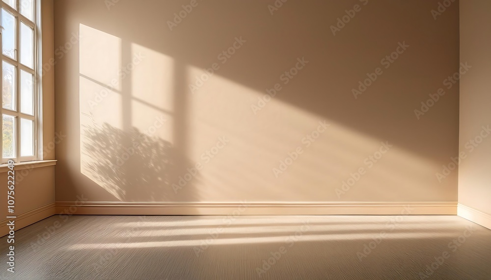 Poster soft light shines through a window onto a beige wall, casting long shadows and illuminating_1(1671)