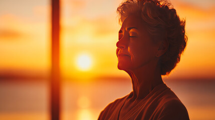 Senior woman in a relaxed pose enjoying the sunset.