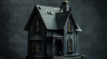 Gothic toy house with dark paint, tiny gargoyle decorations, bat decals, isolated on a shadowy gray background