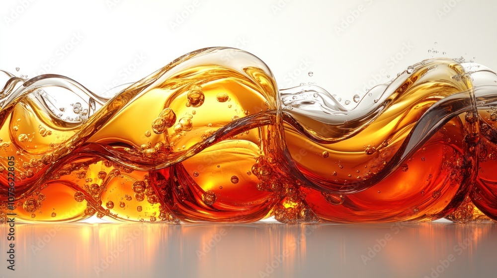 Poster golden liquid flowing in a wave pattern with bubbles.