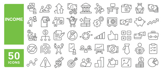 Set of 50 line icons related to income, money, earnings, wages, economy, salary, pension, bonus, revenue, commission, Editable stroke. Vector illustration