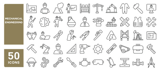 Set of 50 line icons related to mechanical engineering, mechanic, labor, industrial, engine, machinery, technology, gear, fix, engineer, Editable stroke. Vector illustration