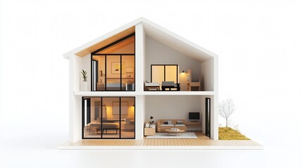 Modern dollhouse with open walls displaying tiny furniture, isolated on a clean white background, minimalist style