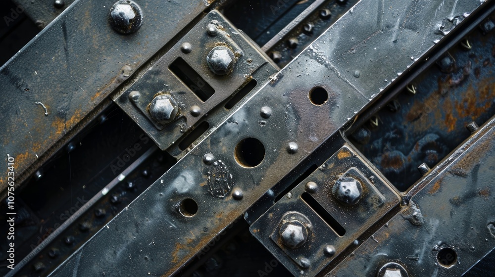 Poster several plates of dark gray metal, bolted together with rivets and showing signs of rust and wear, c