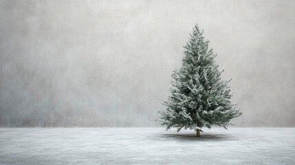 Fototapeta premium A solitary evergreen tree adorned with snow stands against a soft gray background during a winter morning in a serene landscape