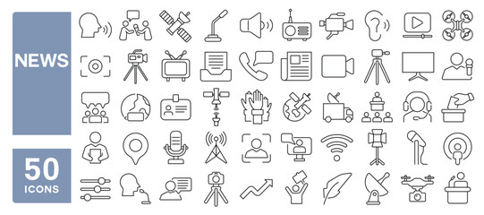 Set of 50 line icons related to news, interview, report, press, newspaper, media, microphone, online, interviewer, camera, satellite, Editable stroke. Vector illustration