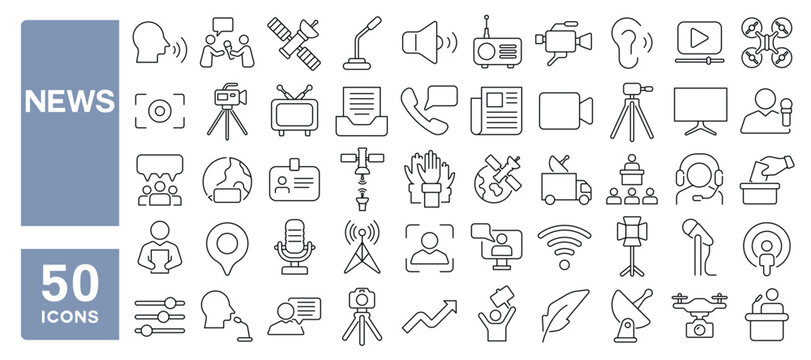 Set of 50 line icons related to news, interview, report, press, newspaper, media, microphone, online, interviewer, camera, satellite, Editable stroke. Vector illustration