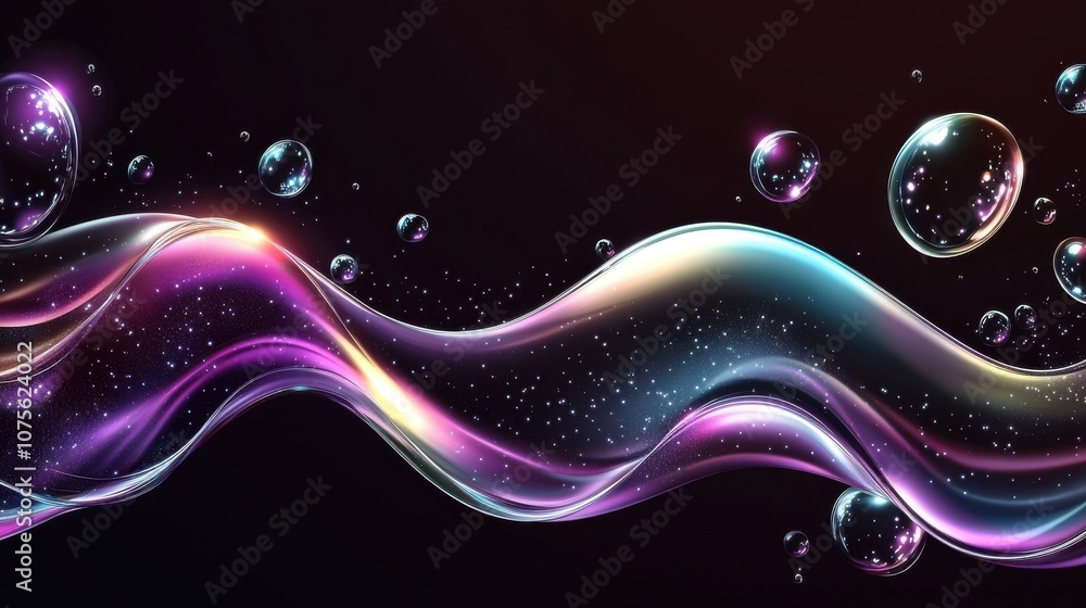 Poster a captivating swirl of colorful bubbles and shimmering waves on a dark background, creating a mesmer