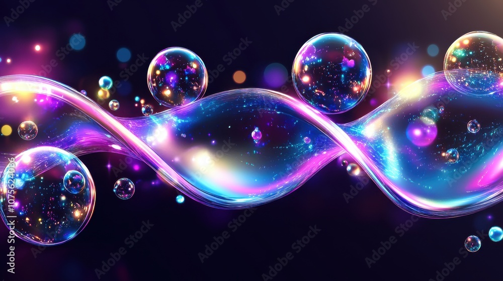 Poster colorful bubbles floating in a shimmering wave, creating a dreamy and vibrant atmosphere.