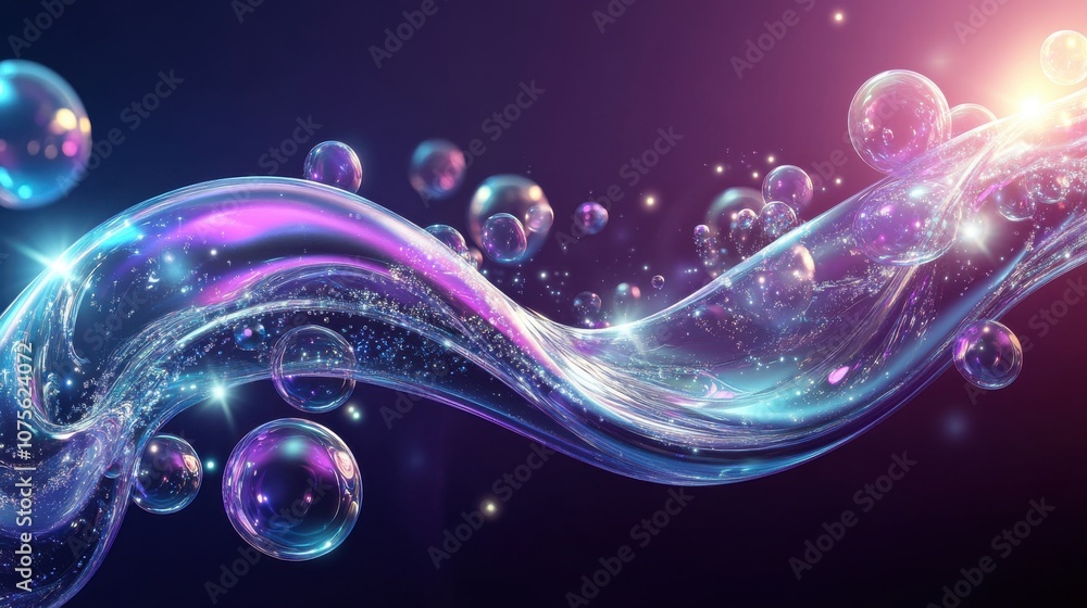 Poster colorful abstract wave with floating bubbles, creating a magical atmosphere of light and reflection.