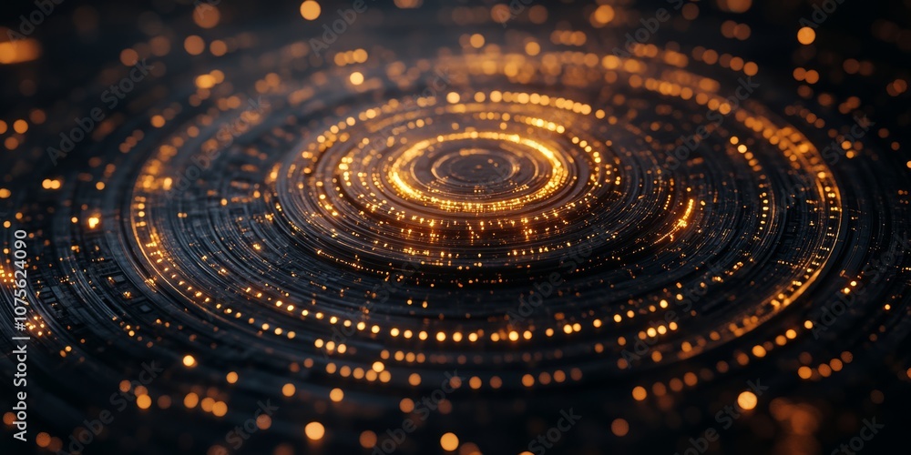 Poster an abstract image showcasing quantum physics complexity with interlocking circles and dynamic lines,