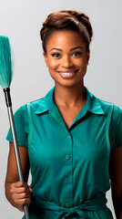 Smiling woman in a green cleaning uniform holding a broom. 