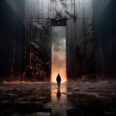 Fototapeta premium Surreal scene of a lone figure standing before a massive dark gate with glowing cracks and mist, evoking mystery and suspense.