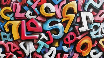 Fototapeta premium A vibrant collage of colorful, three-dimensional letters in various fonts, creating a lively artistic display.