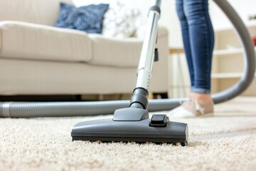 Close up photo of Asian female vacuuming carpet in living room