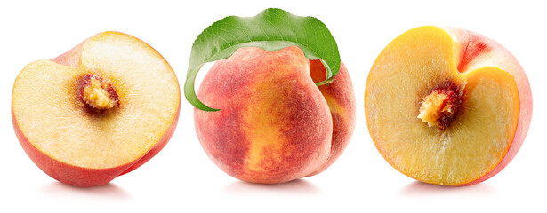 set of peaches isolated on white background