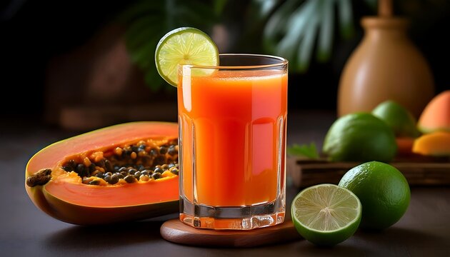  Papaya juice with a hint of lime is served in a glass garnished with a thin slice of fresh _1(1512)
