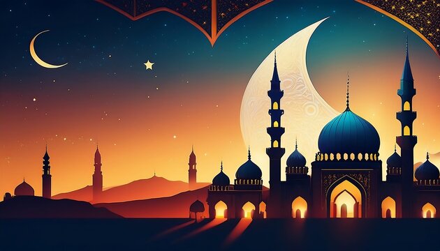  Ornamental mosque and crescent moon silhouettes create a scenic backdrop for an Islamic des_1(1496)