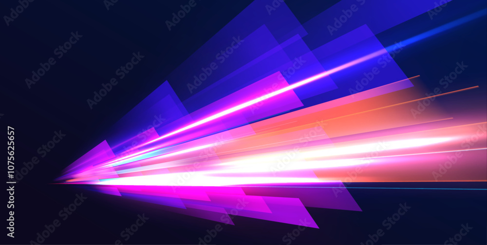 Poster Horizontal night road in the form of a panorama with neon lights. Neon stripes in the form of drill, turns and swirl. Car motion trails. Speed line motion vector background.	