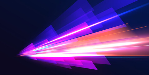 Horizontal night road in the form of a panorama with neon lights. Neon stripes in the form of drill, turns and swirl. Car motion trails. Speed line motion vector background. 
