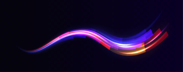 Neon line as speed or arc, turn, twist, bend in light effect. Long exposure of motorways as speed. Vector speed of light in space on dark background. 