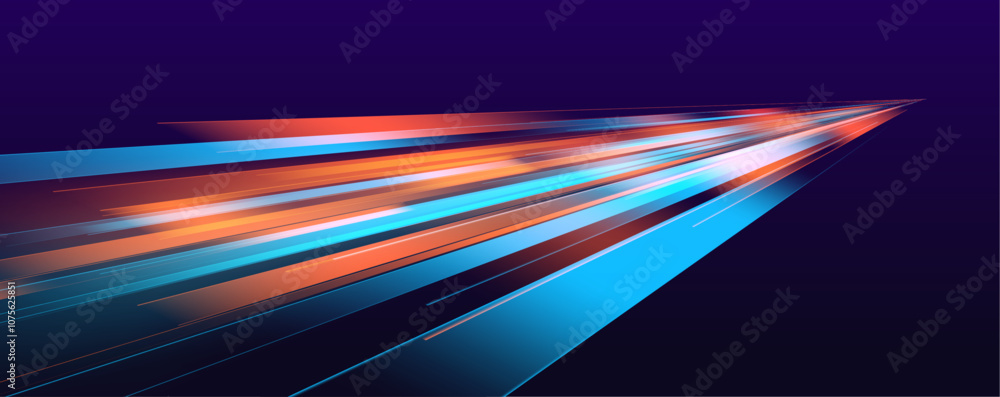 Poster horizontal night road in the form of a panorama with neon lights. neon stripes in the form of drill,
