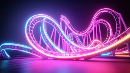 Obraz premium Vibrant neon roller coaster tracks create a thrilling atmosphere, blending colors and dynamic curves in a surreal setting.