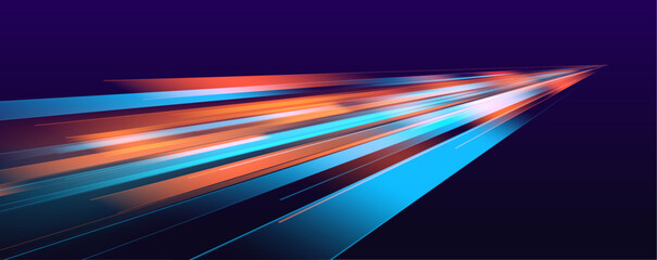 Horizontal night road in the form of a panorama with neon lights. Neon stripes in the form of drill, turns and swirl. Car motion trails. Speed line motion vector background.	