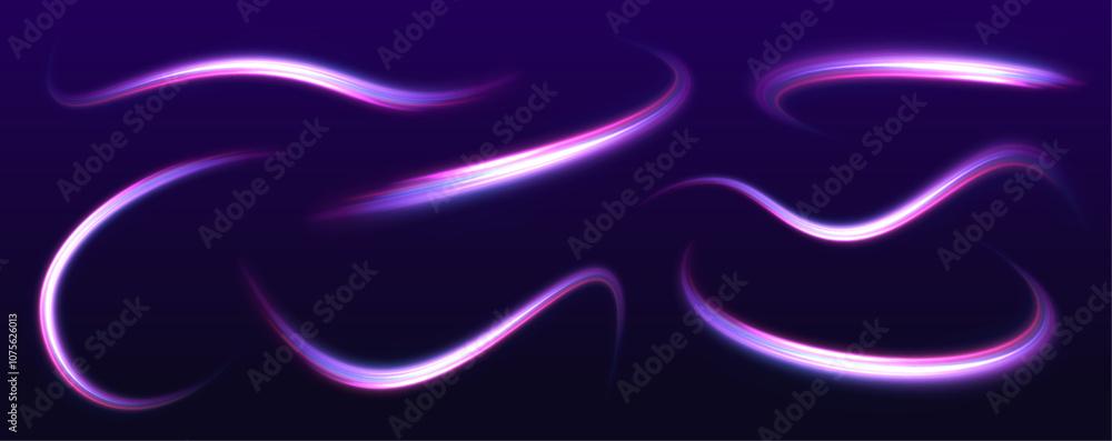 Poster A large set of low-poly designs made of thin lines in the form of branches, spirals and arcs. Particle motion light effect. Abstract fire flare trace lens flares.
