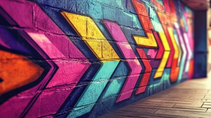 Fototapeta premium Vibrant graffiti mural on a brick wall featuring colorful chevrons and arrows in shades of pink, blue, and yellow.