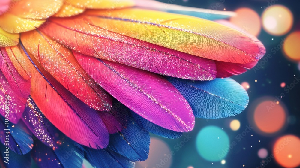 Poster vibrant feathers in rainbow hues adorned with sparkling glitter, creating a whimsical and colorful i