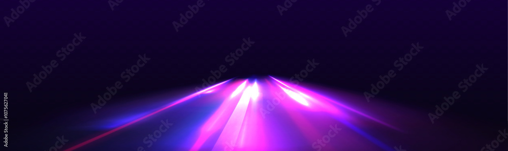 Poster High-speed light line in the form of a road and a highway in a night city. Neon line as speed or arc, turn, twist, bend in light effect. 