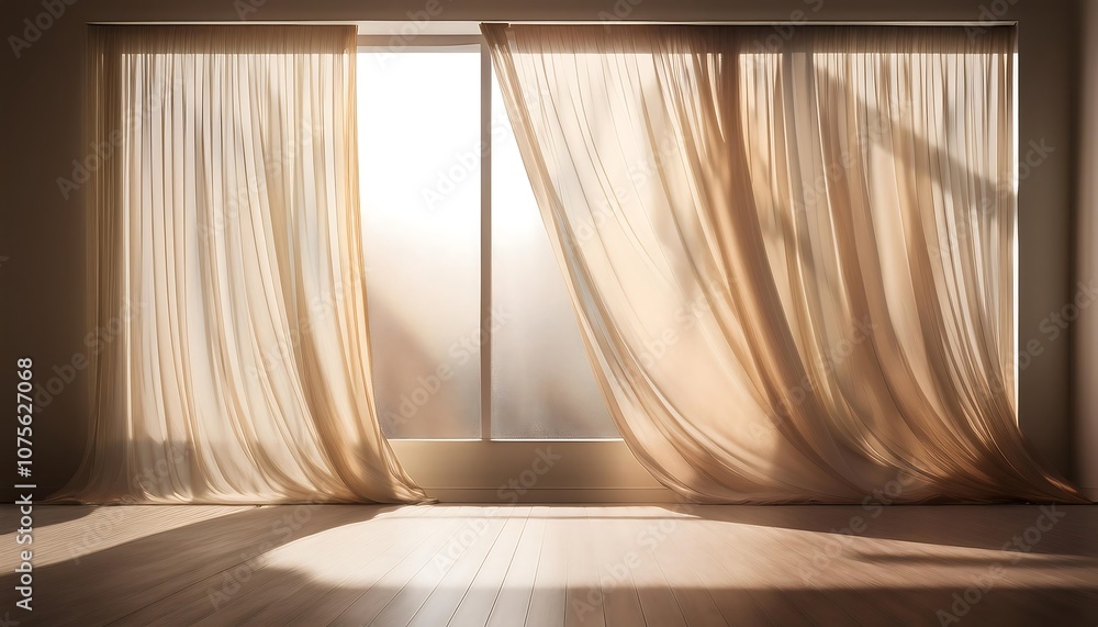Poster  Light filters through sheer curtains, casting subtle shadows on a textured wall in an e_1(1408)
